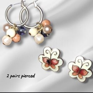 2 Pair VINTAGE Earrings Pearl Gemstone Hoops And Dainty Butterfly Stud